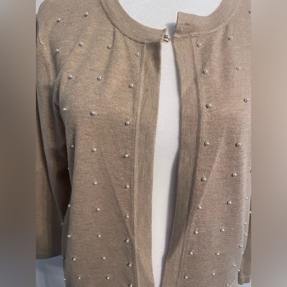 Calvin Klein tan cropped cardigan with pearl details - Picture 2 of 4